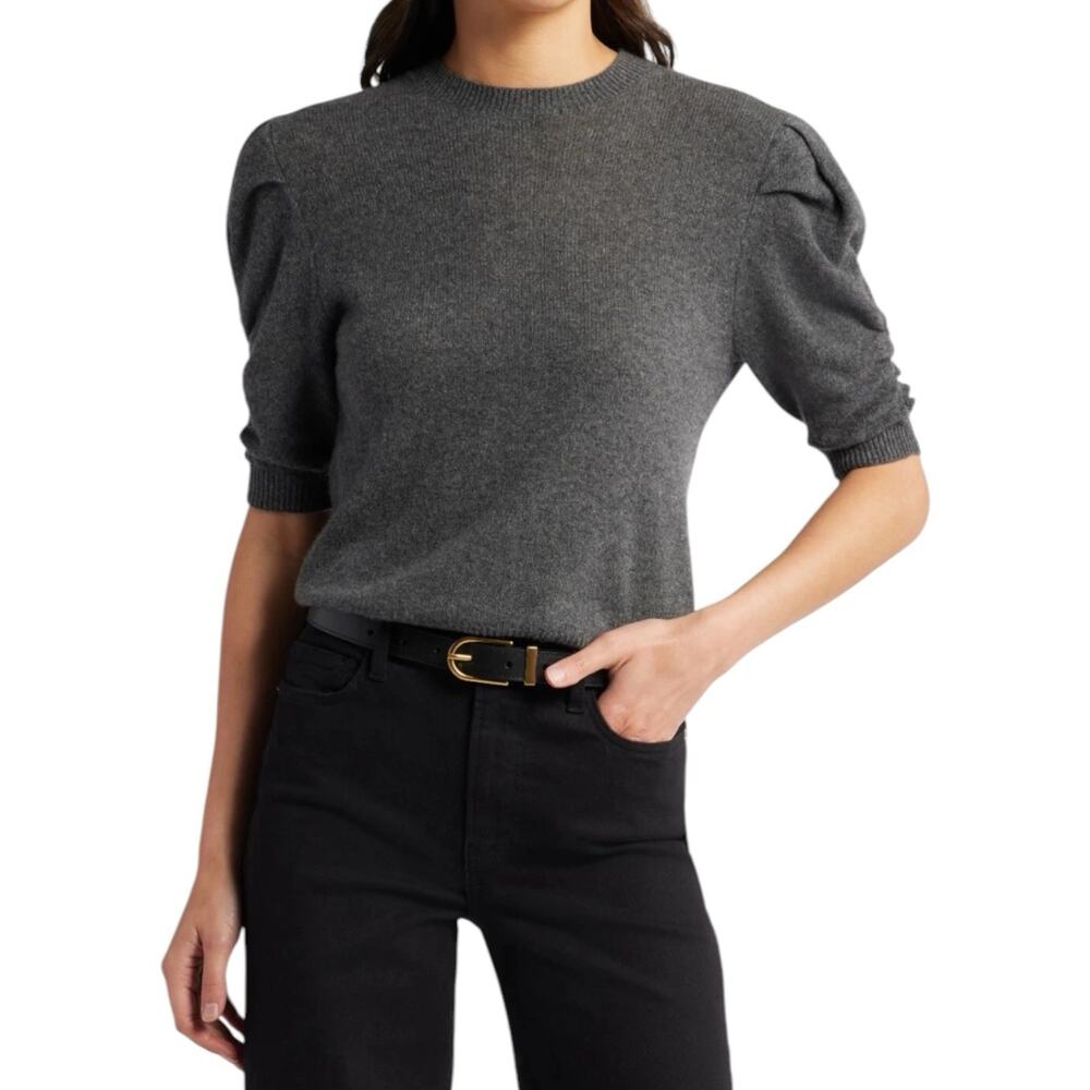 NWD FRAME Ruched Short Sleeve Cashmere Sweater in Dark Gris Heather Gray Size XL
